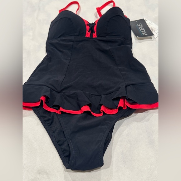 Profile by Gottex One-Piece Swimsuit Black Pink Lace-Up Ruffle NWT Size 6 - Picture 2 of 10